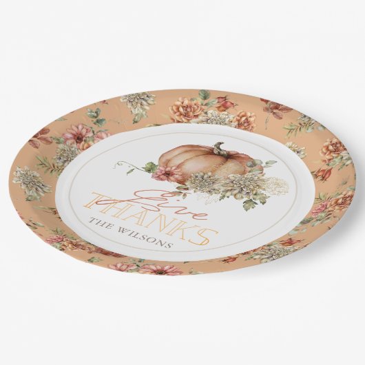 Geef Bedankt Pumpkin & White Dahlia Thanksgiving Papieren Bordje (Gekanteld)