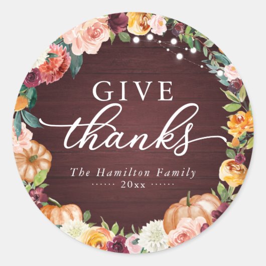 Geef Bedankt Rustic Floral Thanksgiving Dinner Cla Ronde Sticker (Voorkant)