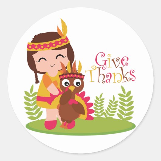 Geef Bedankt Schattig Tribal Meisje Thanksgiving T Ronde Sticker (Voorkant)