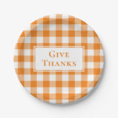 Geef Bedankt Sinaasappel Gingham Plaid Thanksgivin Papieren Bordje (Voorkant)