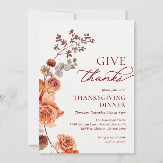 Geef Bedankt Terracotta Floral Thanksgiving Diner Kaart (Voorkant)