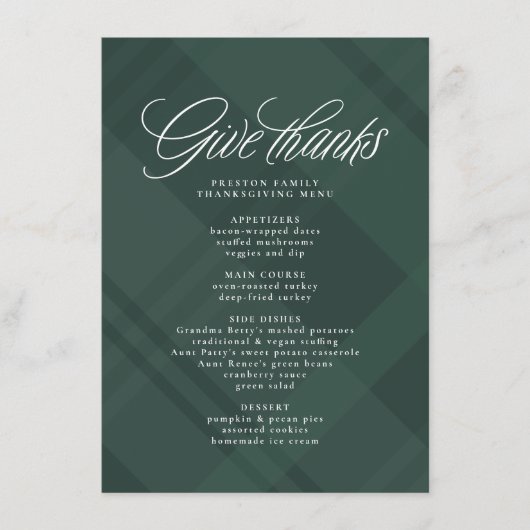 Geef bedankt Thanksgiving diner groene plaid Menu (Voorkant)