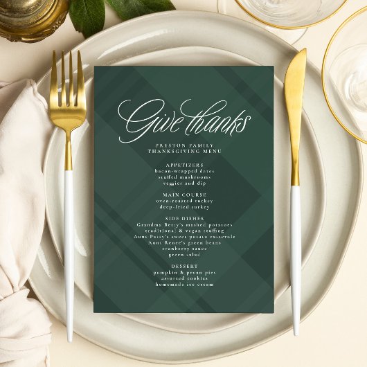 Geef bedankt Thanksgiving diner groene plaid Menu
