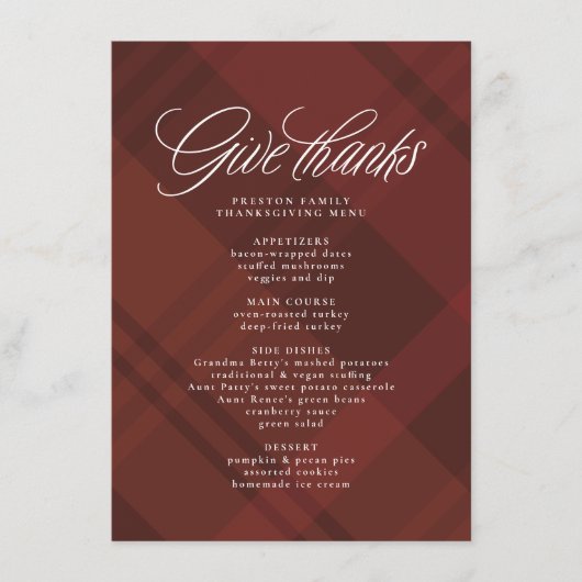Geef bedankt Thanksgiving diner herfst plaid Menu (Voorkant)