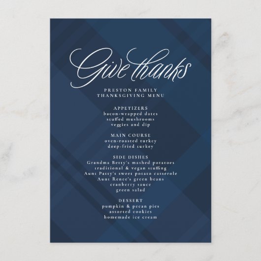 Geef bedankt Thanksgiving diner marine plaid Menu (Voorkant)