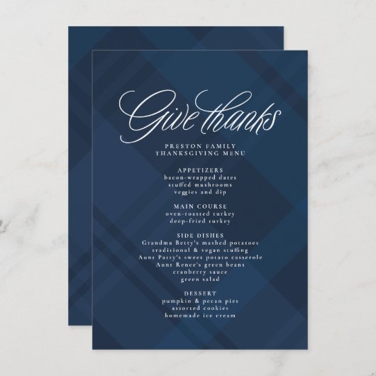 Geef bedankt Thanksgiving diner marine plaid Menu (Voorkant / Achterkant)
