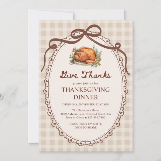 Geef Bedankt Turkije Gingham Thanksgiving Diner Kaart (Voorkant)