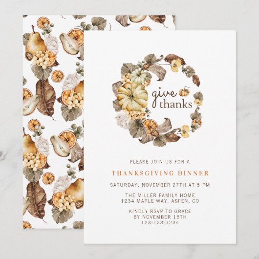Geef Dank Elegante Aquarel Thanksgiving Dinner Kaart (Voorkant / Achterkant)