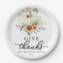Geef Dank Zonnebloemen Witte Pompoen Thanksgiving Papieren Bordje