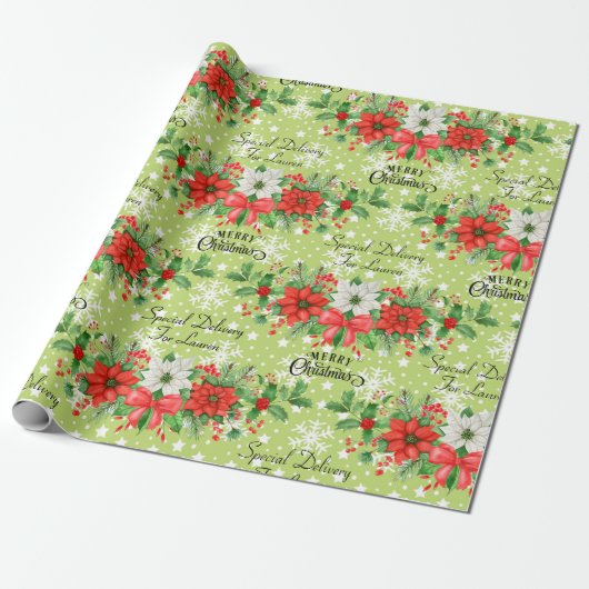 Geef de naam Kerstmis Poinsettia Snowflakes aan Cadeaupapier (Uitgerold)