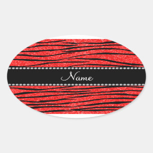 Geef de naam neon red glitter zebra stripes aan ovale sticker