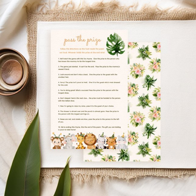 Geef het Prijs Baby Shower Spel - Jungle Dieren (tropical flowers and jungle animals for a safari baby shower pass the prize game)
