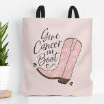 Geef Kanker het Bewust van de Borstkanker van de W Tote Bag<br><div class="desc">Aangepaste canvas tas voor borstkankerbewustzijnsmaand of gebruik op elk moment als een geschenk,  sympathie of felicitaties voor borstkankerpatiënten en overlevenden. Het ontwerp is voorzien van een vrouwelijke roze cowgirl laarzen illustratie met een moderne typografie ontwerp dat zegt "Geef kanker de laars."</div>