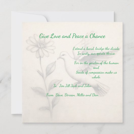 Geef liefde en vrede een kans. Global Harmony-Kaar Kaart (Achterkant)