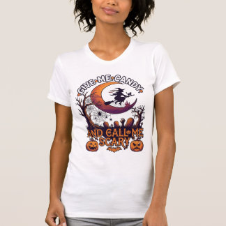Geef Me Snoep Bel Griezelijke Heks Maan Pompoenen T-shirt