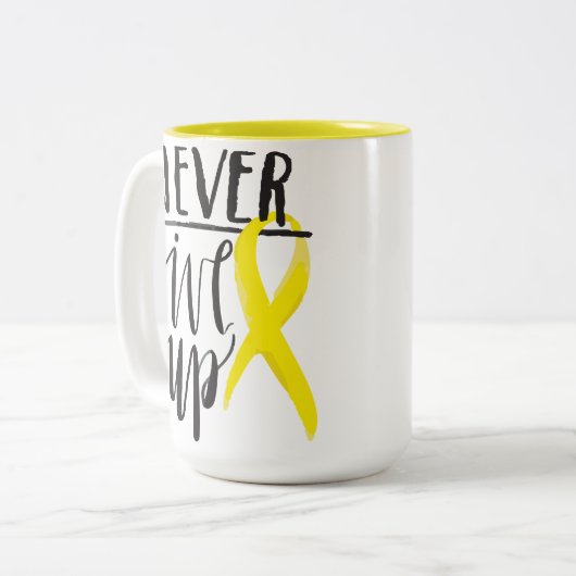 GEEF NOOIT COMBINATIE-Mok OP Tweekleurige Koffiemok (Voorkant links)