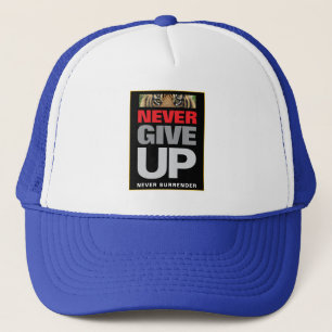 Geef nooit op geef nooit wit en koninklijk blauw o trucker pet