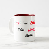 geef nooit op! tweekleurige koffiemok (Voorkant links)