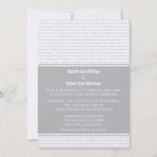 Geek Chic Binary Code Wedding Invitation, Grey Kaart (Voorkant)