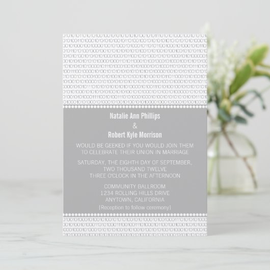 Geek Chic Binary Code Wedding Invitation, Grey Kaart (Staand voorkant)