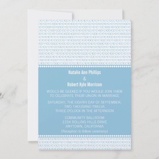 Geek Chic Binary Code Wedding Uitnodiging, Blauw Kaart (Voorkant)