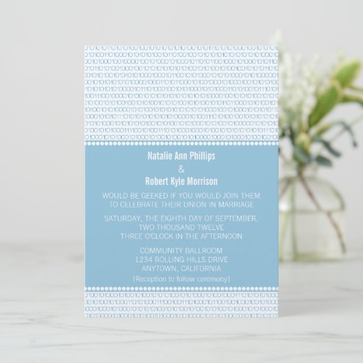 Geek Chic Binary Code Wedding Uitnodiging, Blauw Kaart (Staand voorkant)