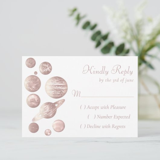 Geek Chic | Minimal Copper Rose Gold Planeten RSVP Kaartje (Staand voorkant)