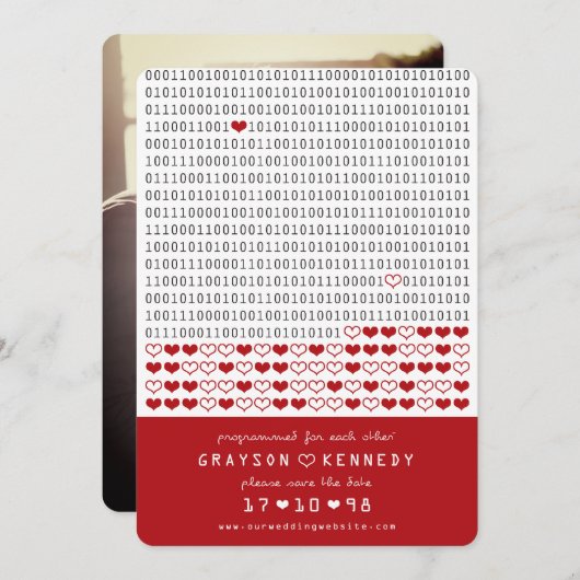 Geek geprogrammeerd voor liefde eenvoudige binaire save the date (Voorkant / Achterkant)