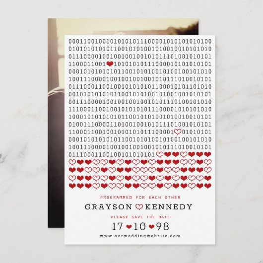 Geek geprogrammeerd voor liefde eenvoudige binaire save the date (Voorkant / Achterkant)