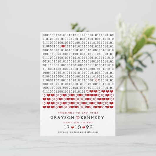 Geek geprogrammeerd voor liefde eenvoudige binaire save the date (Staand voorkant)
