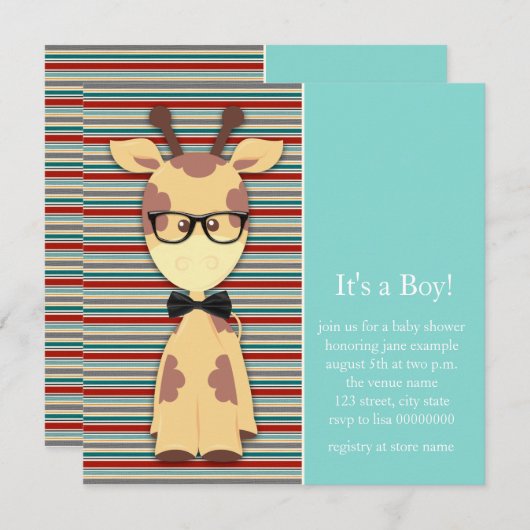 Geek Giraffe Baby Boy Shower Kaart (Voorkant / Achterkant)