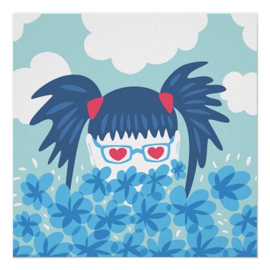 Geek Girl met blauw haar en bloemen Poster (Voorkant)