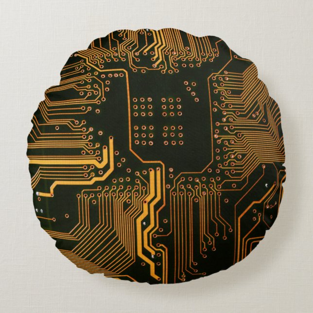 Geek Out Nerd PCB Sinaasappel Electronic Circuit B Rond Kussen (Voorkant)