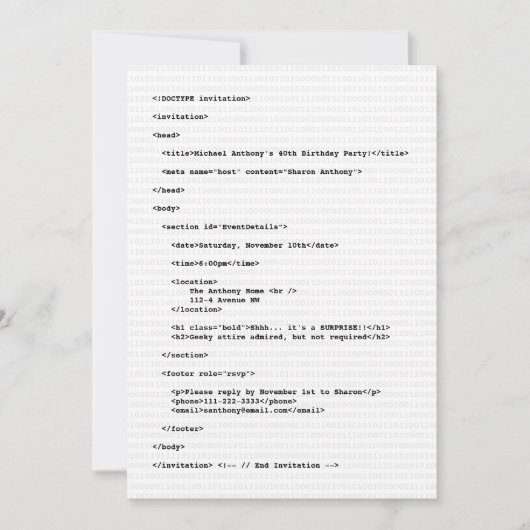Geek Programmer HTML Code Birthday Uitnodiging (Voorkant)