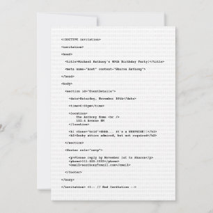 Geek Programmer HTML Code Birthday Uitnodiging