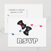 Geeky Gamers RSVP Briefkaart Donker (blauw/roze) (Voorkant / Achterkant)