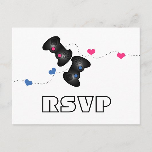 Geeky Gamers RSVP Briefkaart Donker (blauw/roze) (Voorkant)