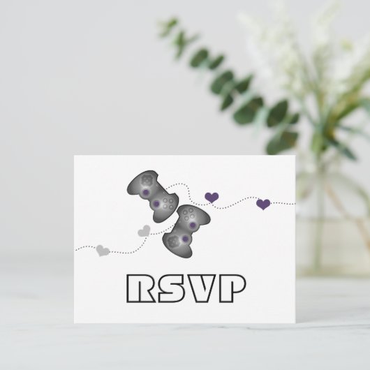 Geeky Gamers RSVP Briefkaart (zilver/Paars) (Staand voorkant)