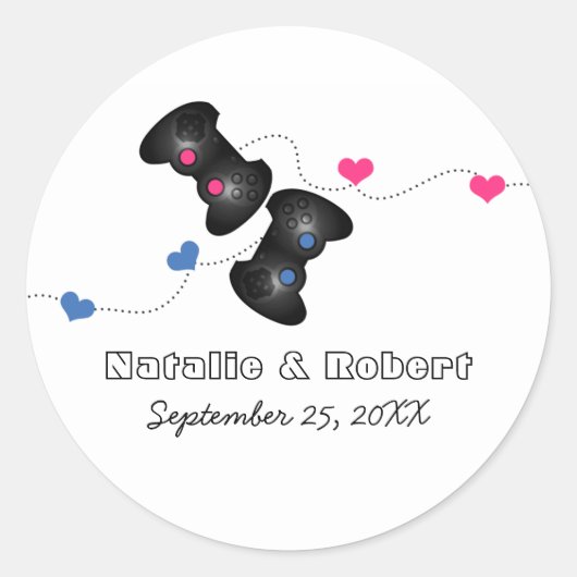 Geeky Gamers Wedding Stickers Donker (Blauw/Roze) (Voorkant)