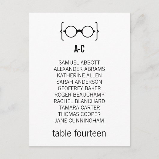Geeky Glasses Seating Chart Briefkaart v1 (Voorkant)