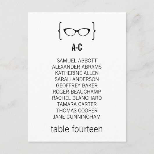 Geeky Glasses Seating Chart Briefkaart v2 (Voorkant)