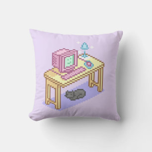 Geeky Pastel Pink Yellow Pixel Art Computer Kussen