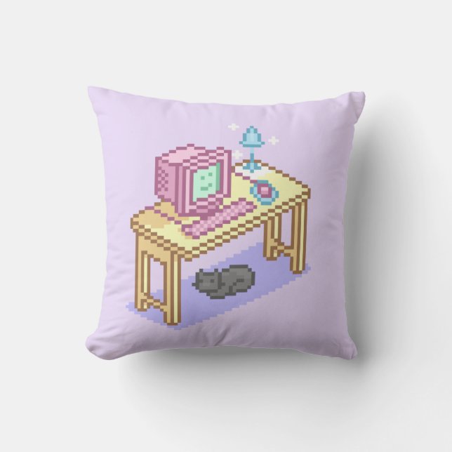 Geeky Pastel Pink Yellow Pixel Art Computer Kussen (Voorkant)