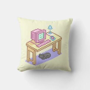 Geeky Pastel Pink Yellow Pixel Art Computer Kussen