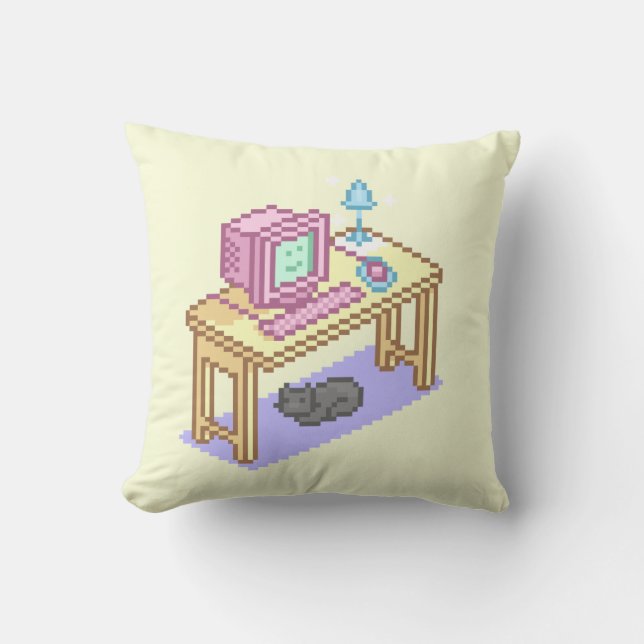 Geeky Pastel Pink Yellow Pixel Art Computer Kussen (Voorkant)