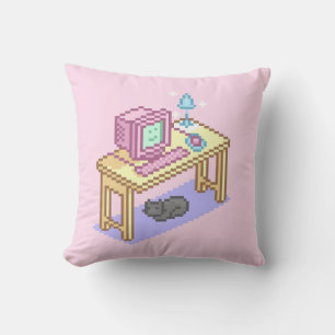 Geeky Pastel Pink Yellow Pixel Art Computer Kussen