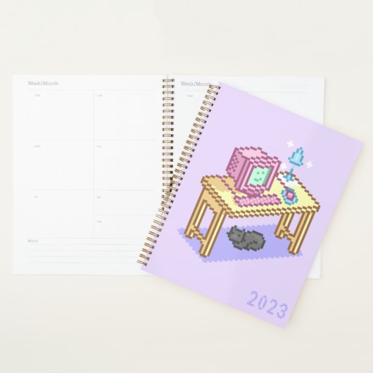 Geeky Pastel Pink Yellow Pixel Art Computer Planner (Display)