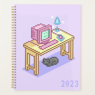 Geeky Pastel Pink Yellow Pixel Art Computer Planner