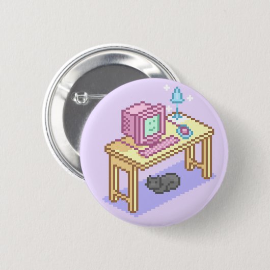 Geeky Pastel Pink Yellow Pixel Art Computer Ronde Button 5,7 Cm (Voorkant /achterkant)
