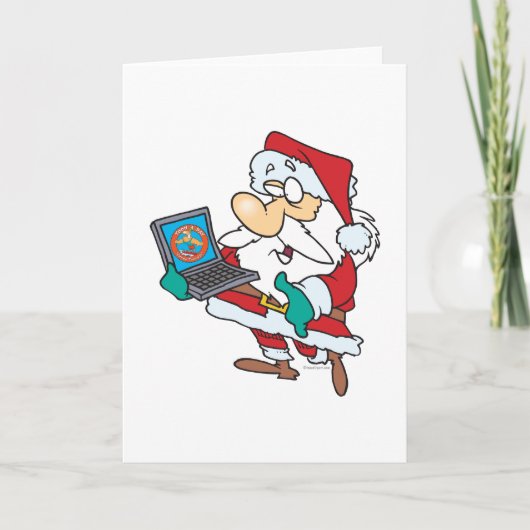 geeky technology savvy santa met een notebook cart feestdagen kaart (Voorkant)